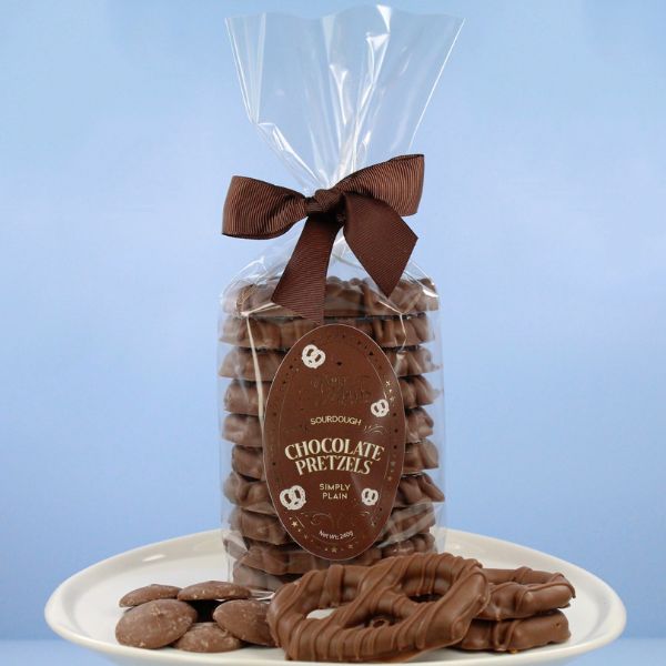 Large sourdough pretzels coated in milk chocolate